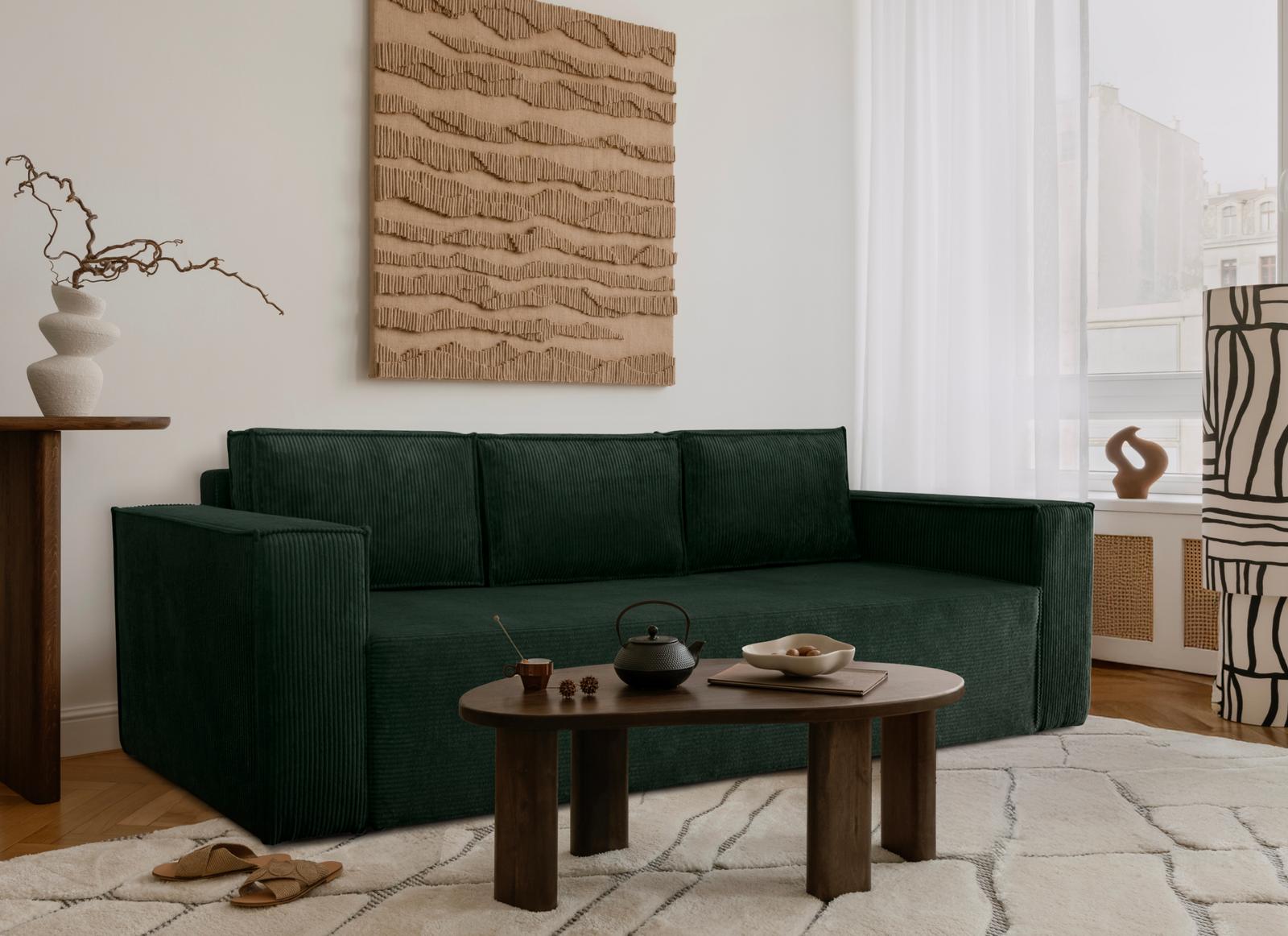 Kanapa Verona 248x96x93 cm z funkcją spania i pojemnikiem sprężyny bonell sztruks butelkowa zieleń do salonu