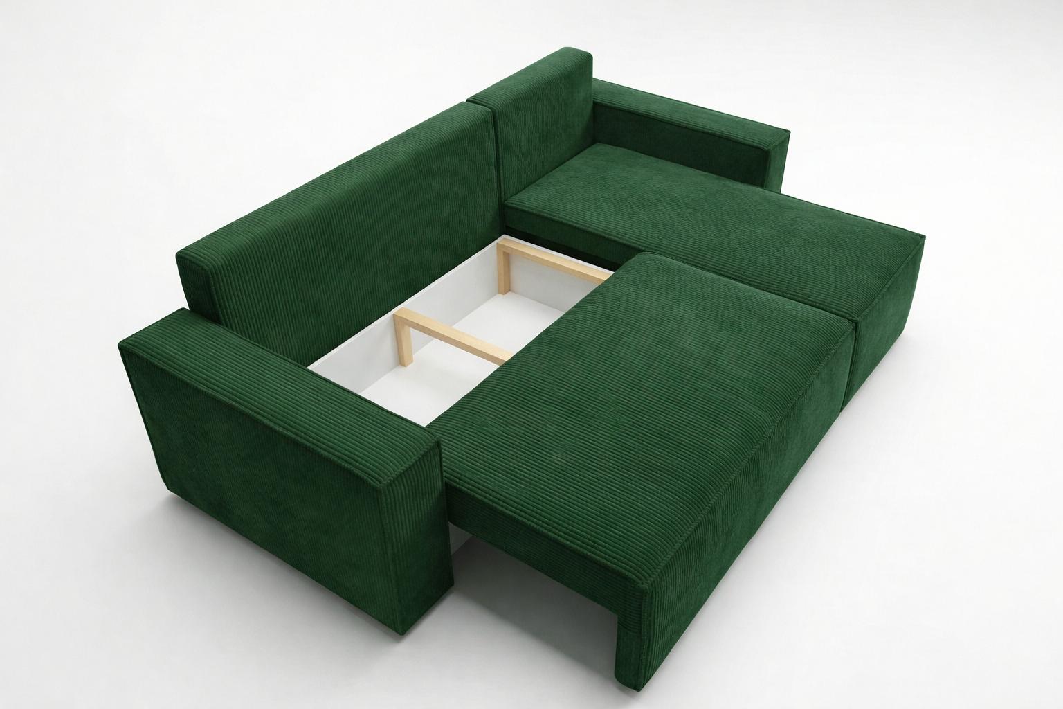 Narożnik Modena 230x52x130 cm z funkcją spania i pojemnikiem sztruks butelkowa zieleń do salonu nr. 5