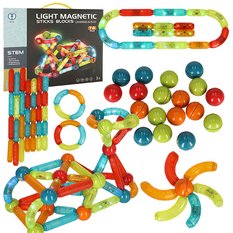 Klocki magnetyczne LED kolorowe magnetic sticks duże patyczki świecące dla małych dzieci 76 elementów 19x13x7 cm 