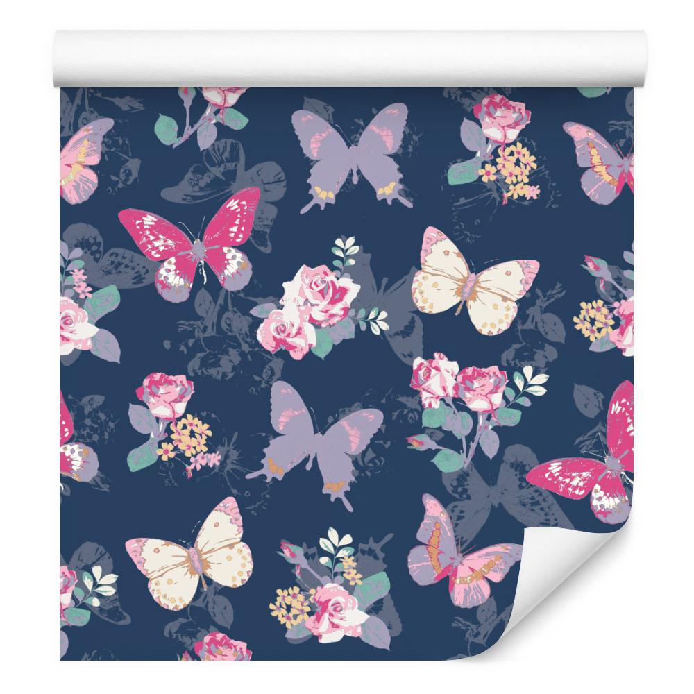 Tapeta do przedpokoju motyle, kwiaty, liście, róże 