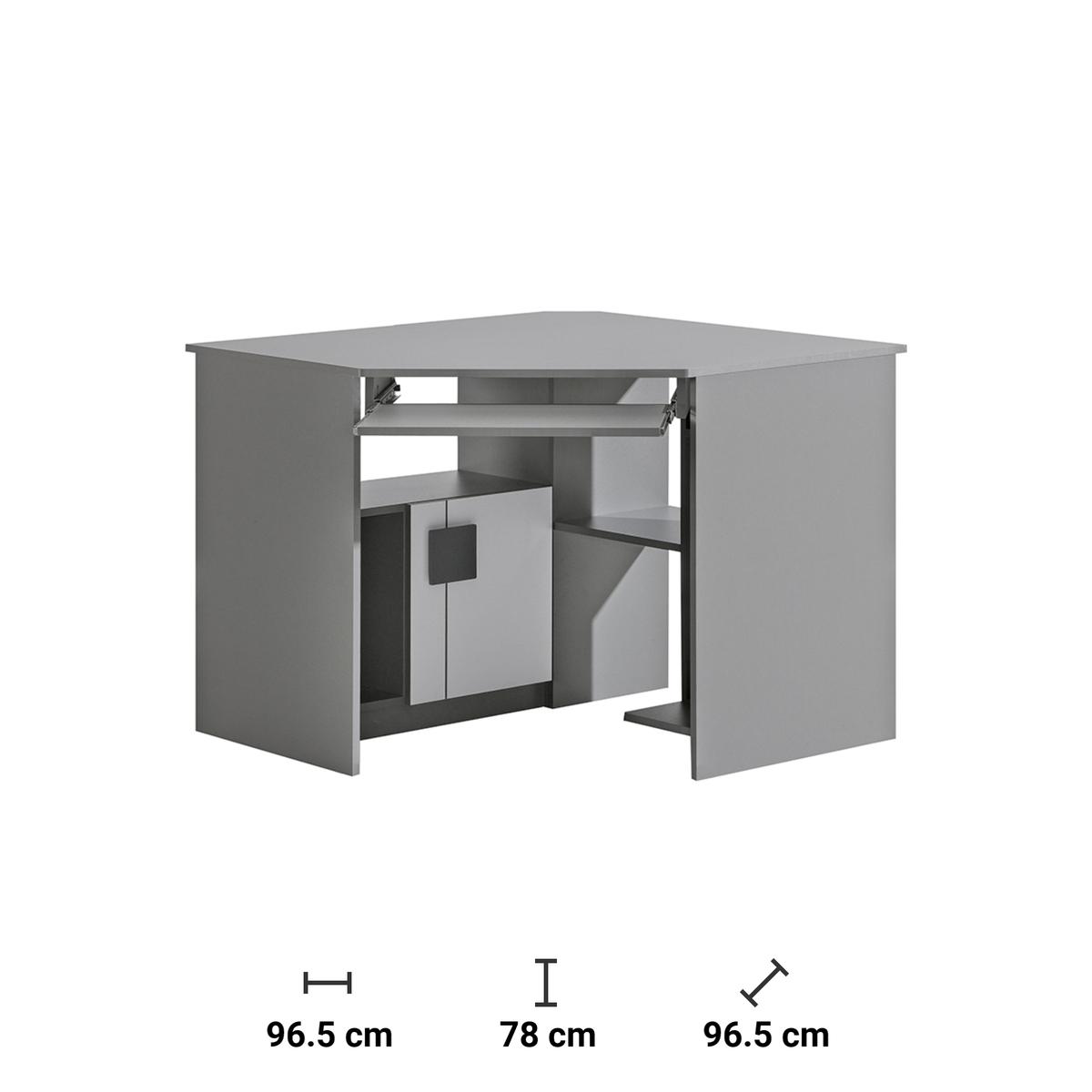 Biurko 96,5x96,5x78 cm Gumi narożne z drzwiczkami szufladą i półkami biały brylant antracyt do pokoju lub gabinetu nr. 2