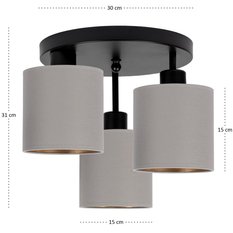 Lampa sufitowa 30 x 30 x 31 cm trzypunktowa z abażurami gwint E27 czarna z szarym abażurem do salonu - Miniaturka zdjęcia nr 4