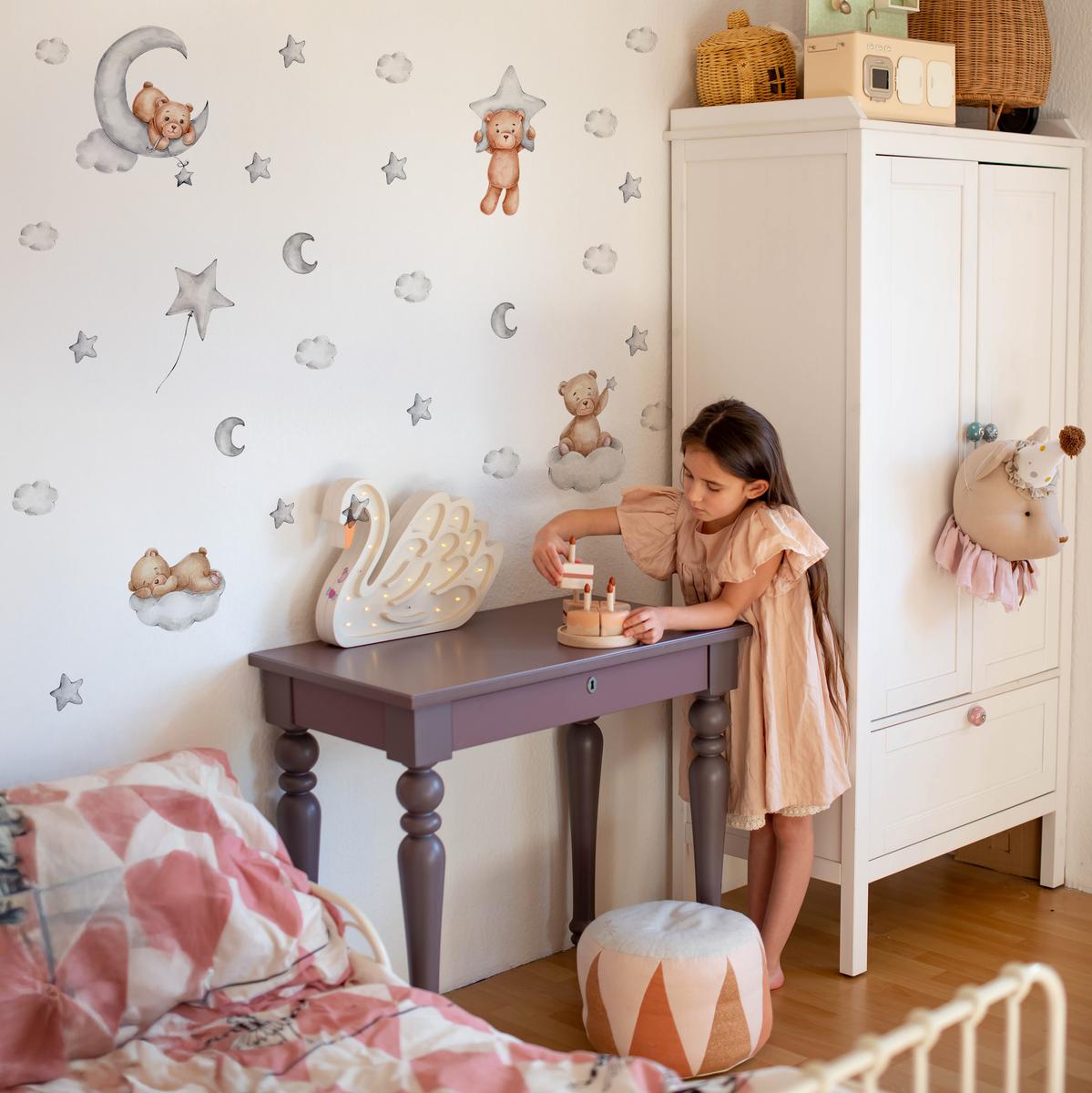 Naklejki Na Ścianę Dla Dzieci Misie 120x60 Szare Księżyce ZESTAW nr. 6