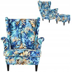 Fotel uszak ARI PRINT 84x92x104 cm z podnóżkiem niebieski złote liście do salonu