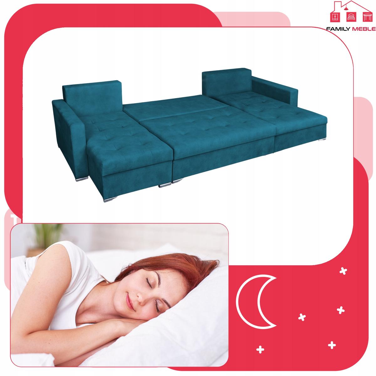Narożnik Varius BIG 297x74x140 cm kształt U z funkcją spania i przechowywania do salonu Aura turkus welur nr. 7