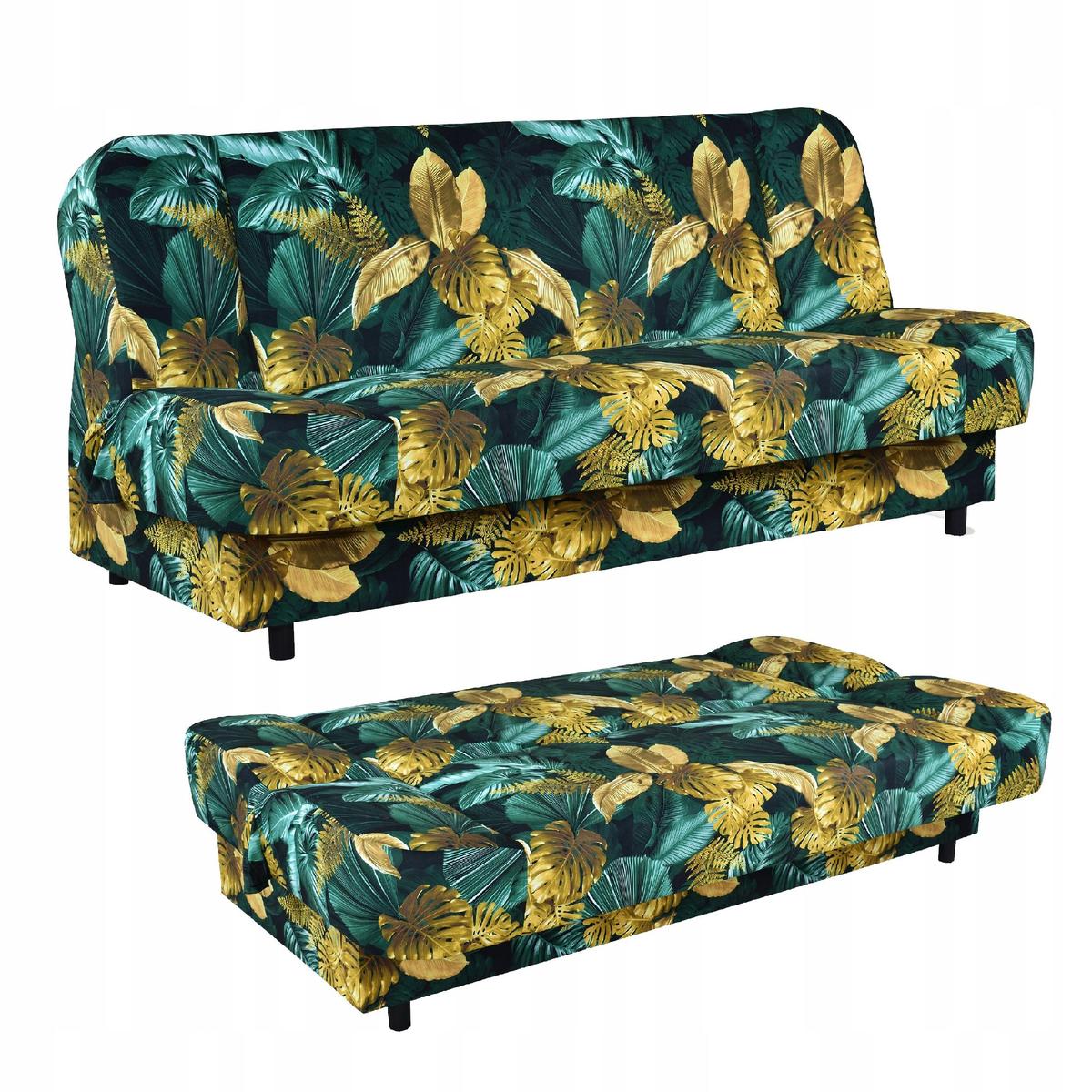 Wersalka SARA PRINT 200x95 cm liście monstery rozkładana kanapa z pojemnikiem sofa do salonu Nature