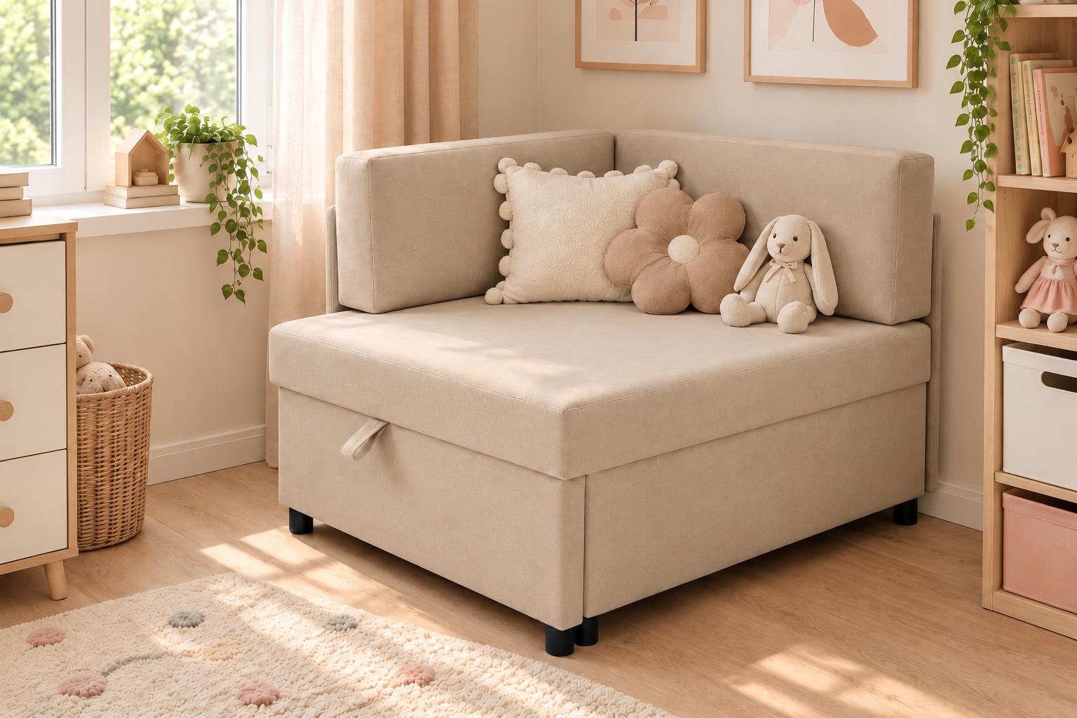 Sofa Viluś 106x75x80 cm beżowy rozkładana sofa narożna jednoosobowa z funkcją spania i pojemnikiem na pościel nr. 1