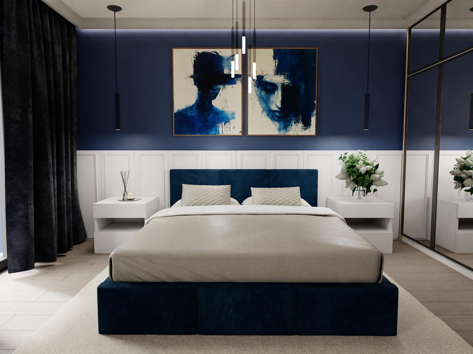Łóżko tapicerowane do sypialni 180x200x100 cm podwójne z pojemnikiem modne granatowe nr. 6