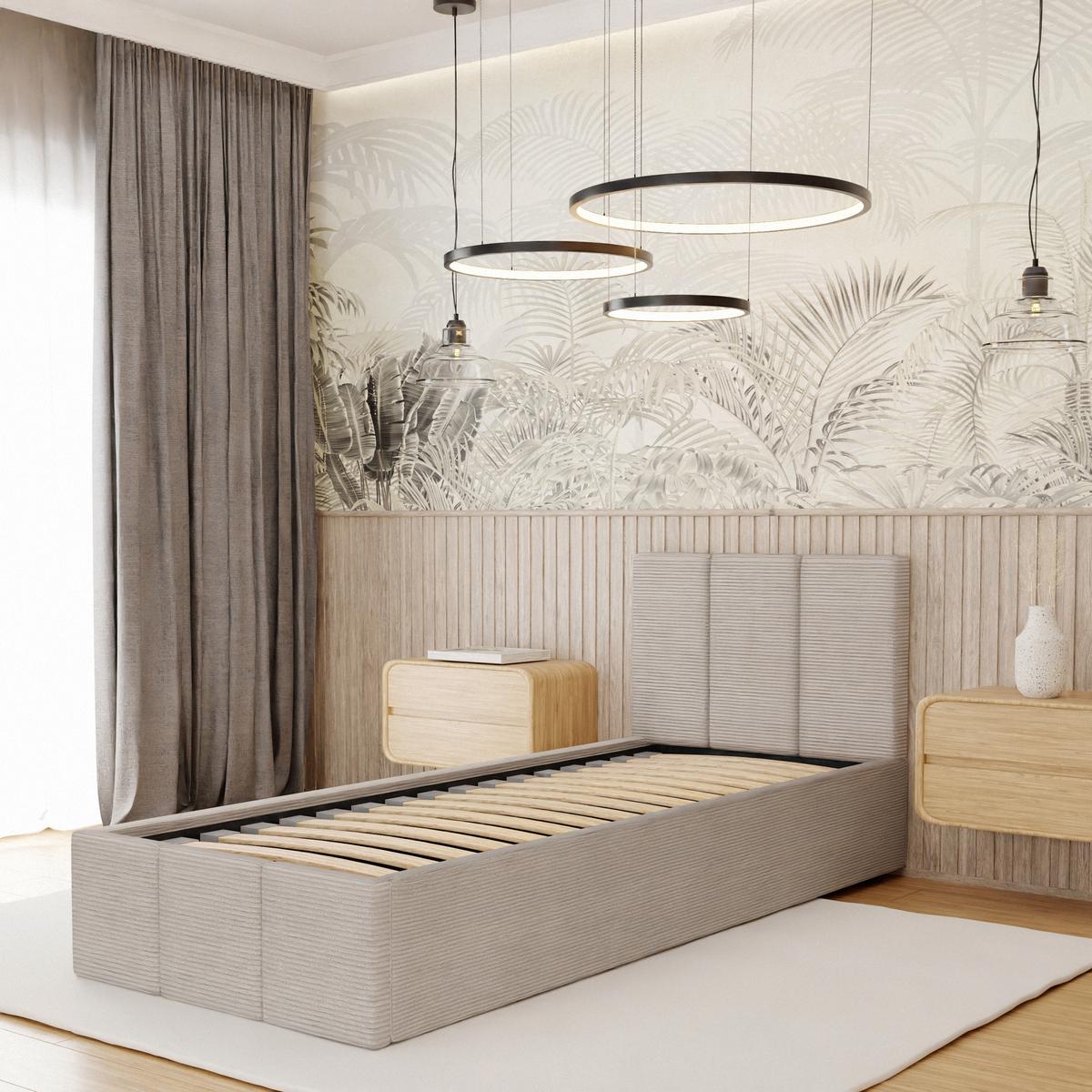 Łóżko Tapicerowane Do Sypialni 90x200cm Podwójne z Pojemnikiem Beżowe nr. 3