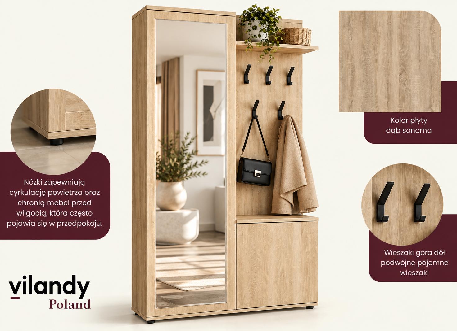 Garderoba do przedpokoju DUO 180x95x35 cm z lustrem wieszakami szafka na buty dąb sonoma lewa nr. 9