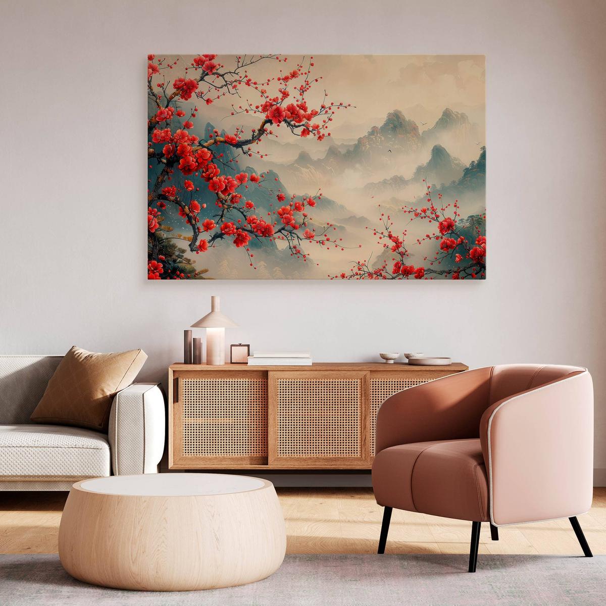 Obraz Na Płótnie Drzewo Japońskie Czerwone Kwiaty 90x60 Do Salonu nr. 6