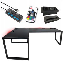 Biurko gamingowe narożne czarne LOFT metalowe nogi LED RGB przepust USB dla gracza 240x80x71cm