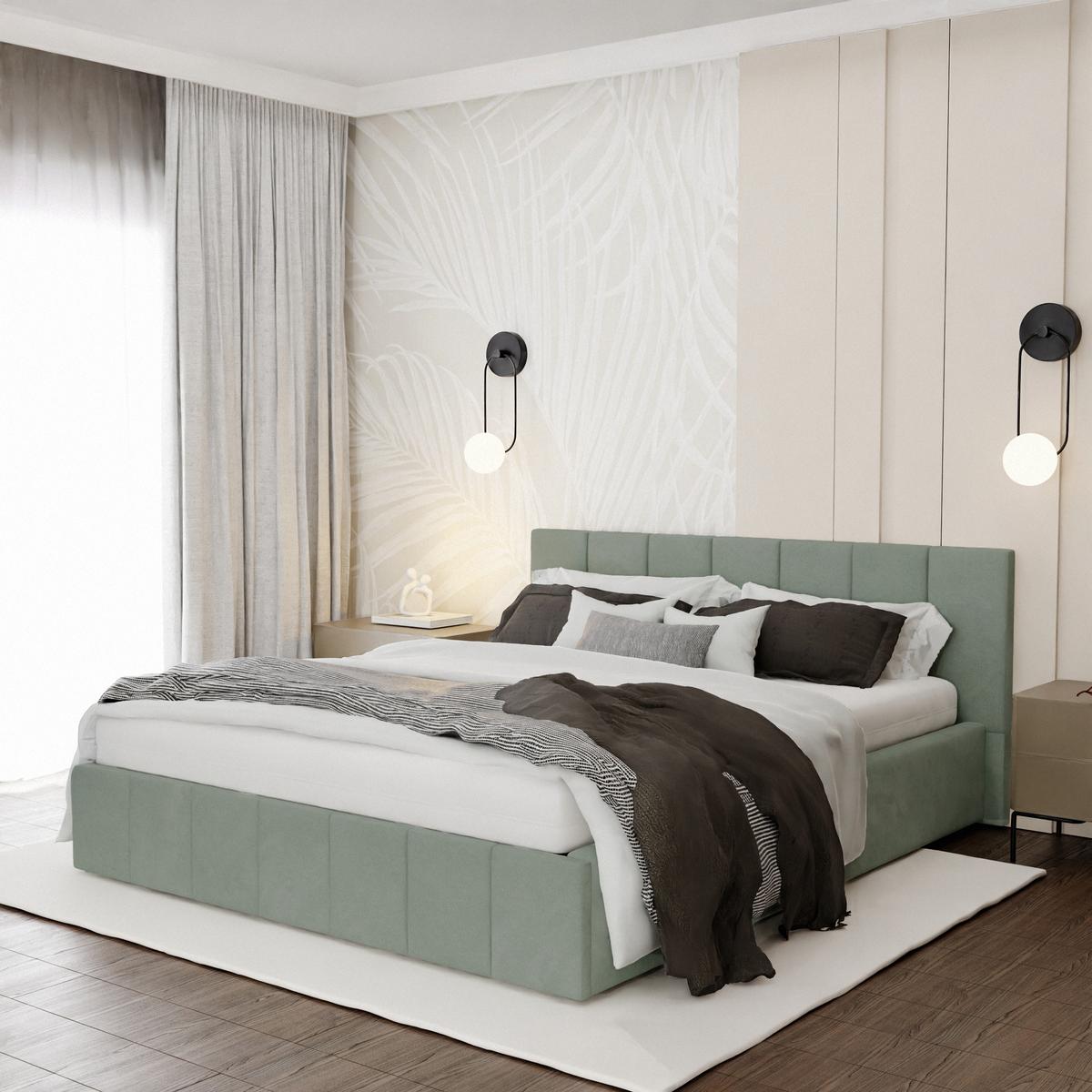 Łóżko tapicerowane 160x200 premium z pojemnikiem do sypialni miętowe wezgłowie 107 cm