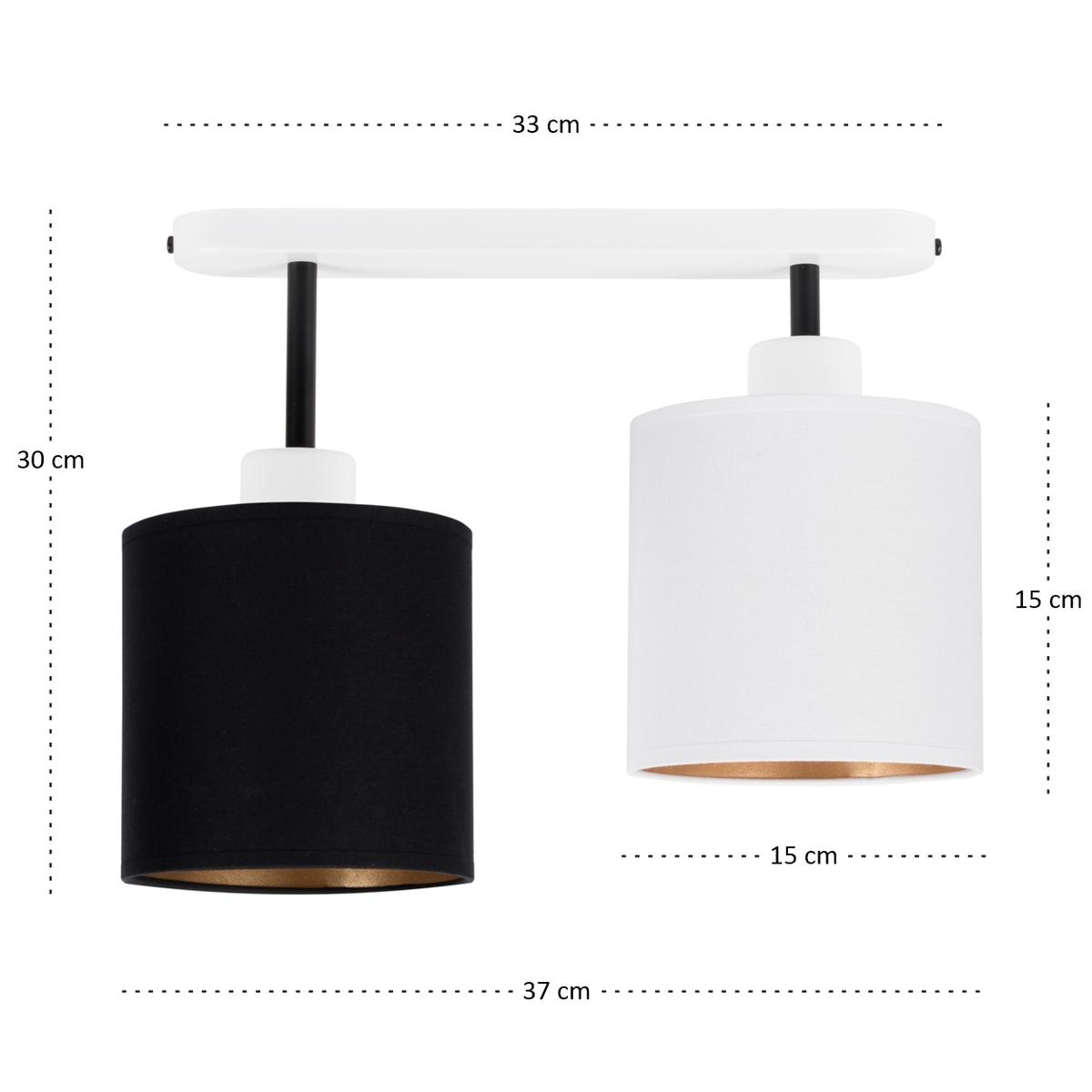 Lampa sufitowa 37 x 15 x 30 cm dwupunktowy spot gwint E27 biała z zarno-białymi abażurami do salonu nr. 4