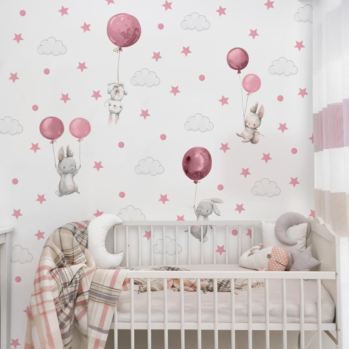 Naklejki Ścienne Dla Dzieci Króliczki Różowe 120x60 Balony Chmurki ZESTAW nr. 6