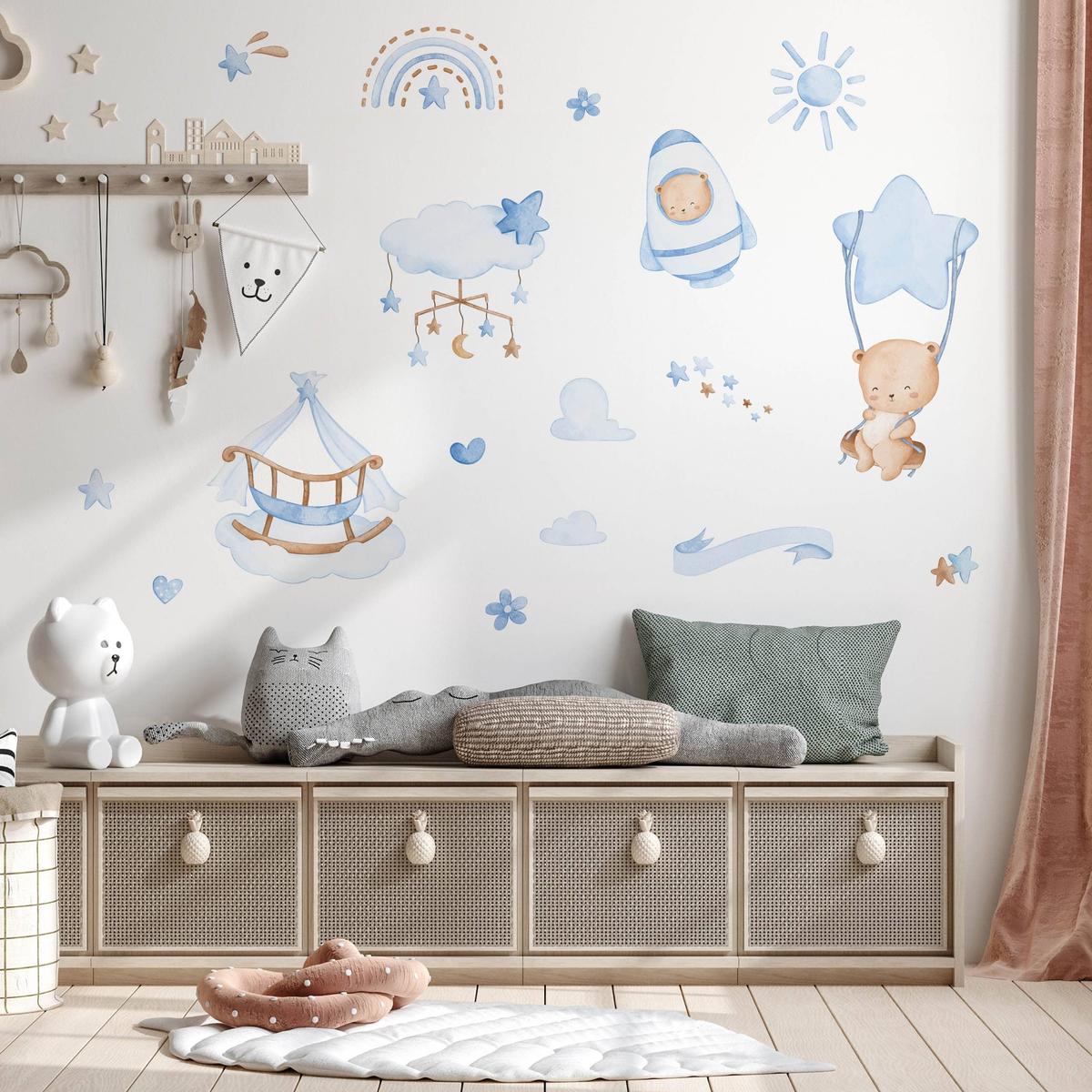 Naklejki Na Ścianę Dla Dzieci Misie Niebieskie 120x60 Boho ZESTAW nr. 4