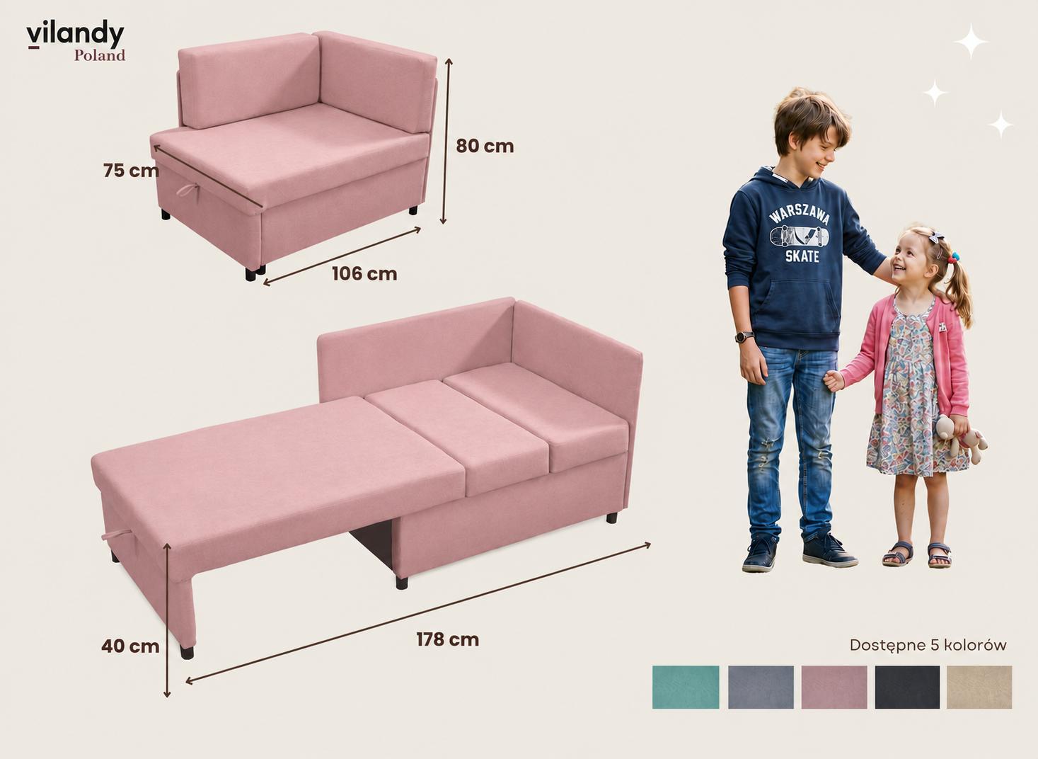 Sofa Viluś 106x75x80 cm różowa rozkładana sofa narożna jednoosobowa z funkcją spania i pojemnikiem na pościel nr. 14