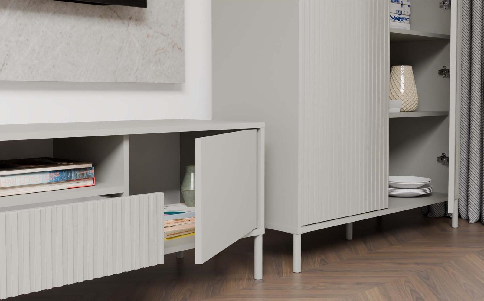 Szafka RTV KAMARO 47x164x40 cm  kaszmir beż lamele front ryflowany + klasyczny nr. 4