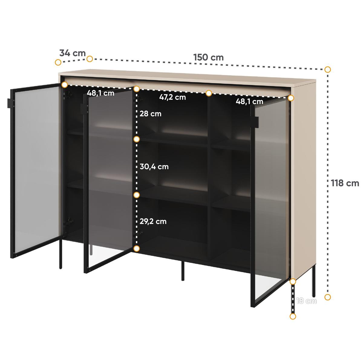 Witryna 150x34x118 cm 3w Trend z praktycznymi półkami beż piaskowy i czarny do salonu nr. 4