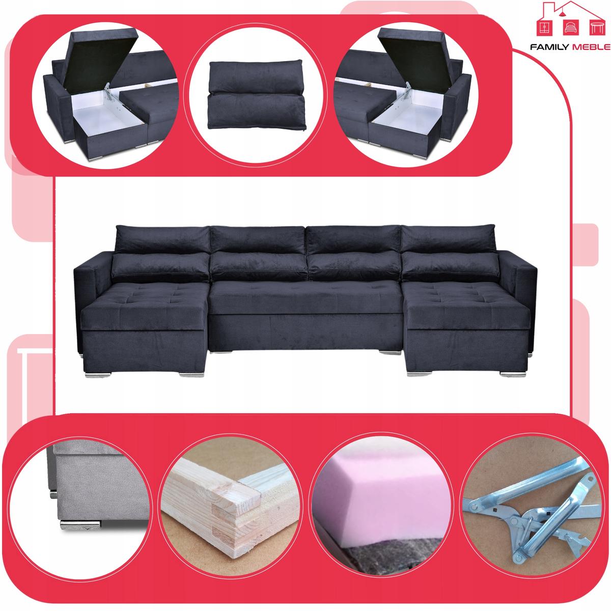 Narożnik Varius BIG 297x74x140 cm kształt U z funkcją spania i przechowywania do salonu Monoliht czarny nr. 4