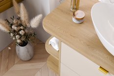 Szafka pod umywalkę 100 cm z blatem Aster White zestaw regał otwarty wisząca gładka biała dąb cremona do łazienki  - Miniaturka zdjęcia nr 4