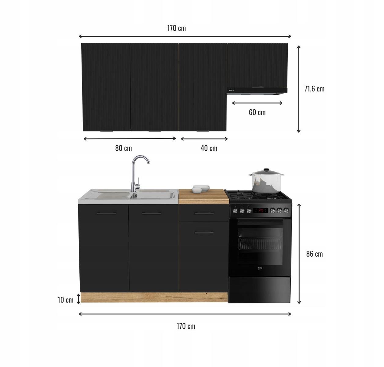 Zestaw mebli kuchenny Mix 170 szafki do kuchni wiszące stojące czarny / ryflowane czarny z blatem dąb evoke nr. 3