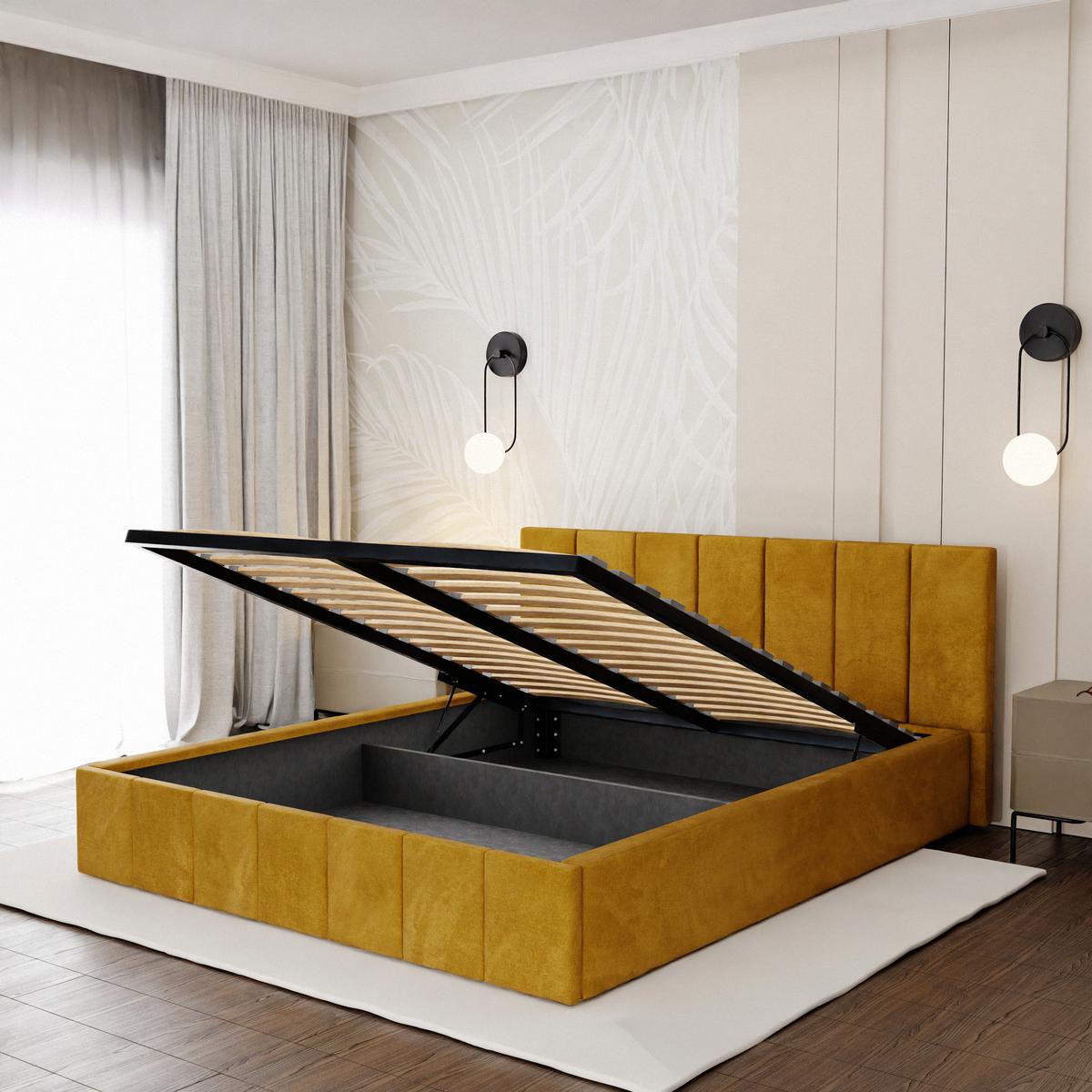 Łóżko tapicerowane 160x200 premium z pojemnikiem do sypialni żółte wezgłowie 107 cm nr. 6