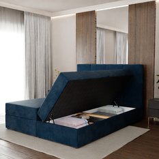Łóżko kontynentalne 160x200x113 cm tapicerowane podwójne z materacem granatowe - Miniaturka zdjęcia nr 4