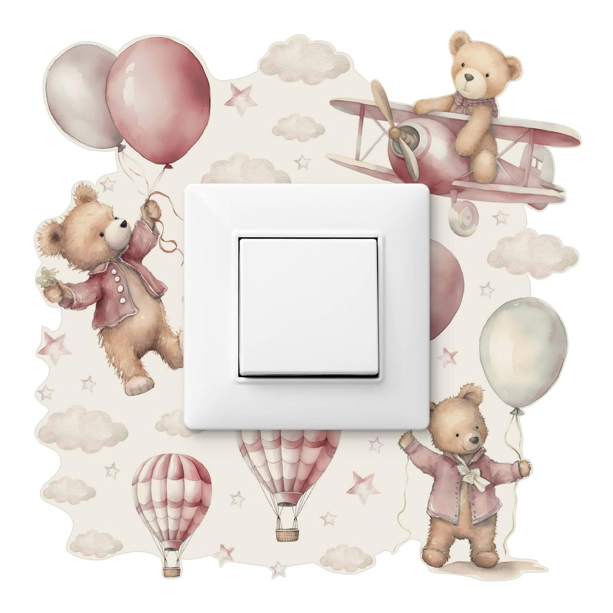 Naklejka Pod Włącznik Misie Różowe Balony Chmurki 20x20 Gwiazdki Boho Dla Dzieci