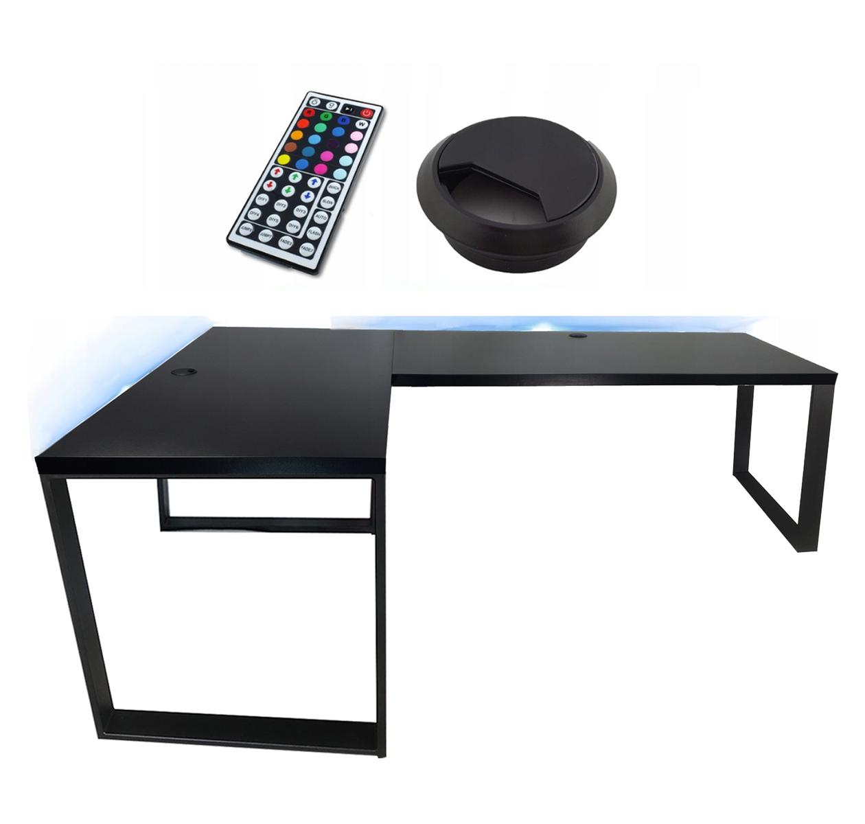 Biurko gamingowe narożne czarne LOFT metalowe nogi LED RGB przepust dla gracza 202x66x71cm