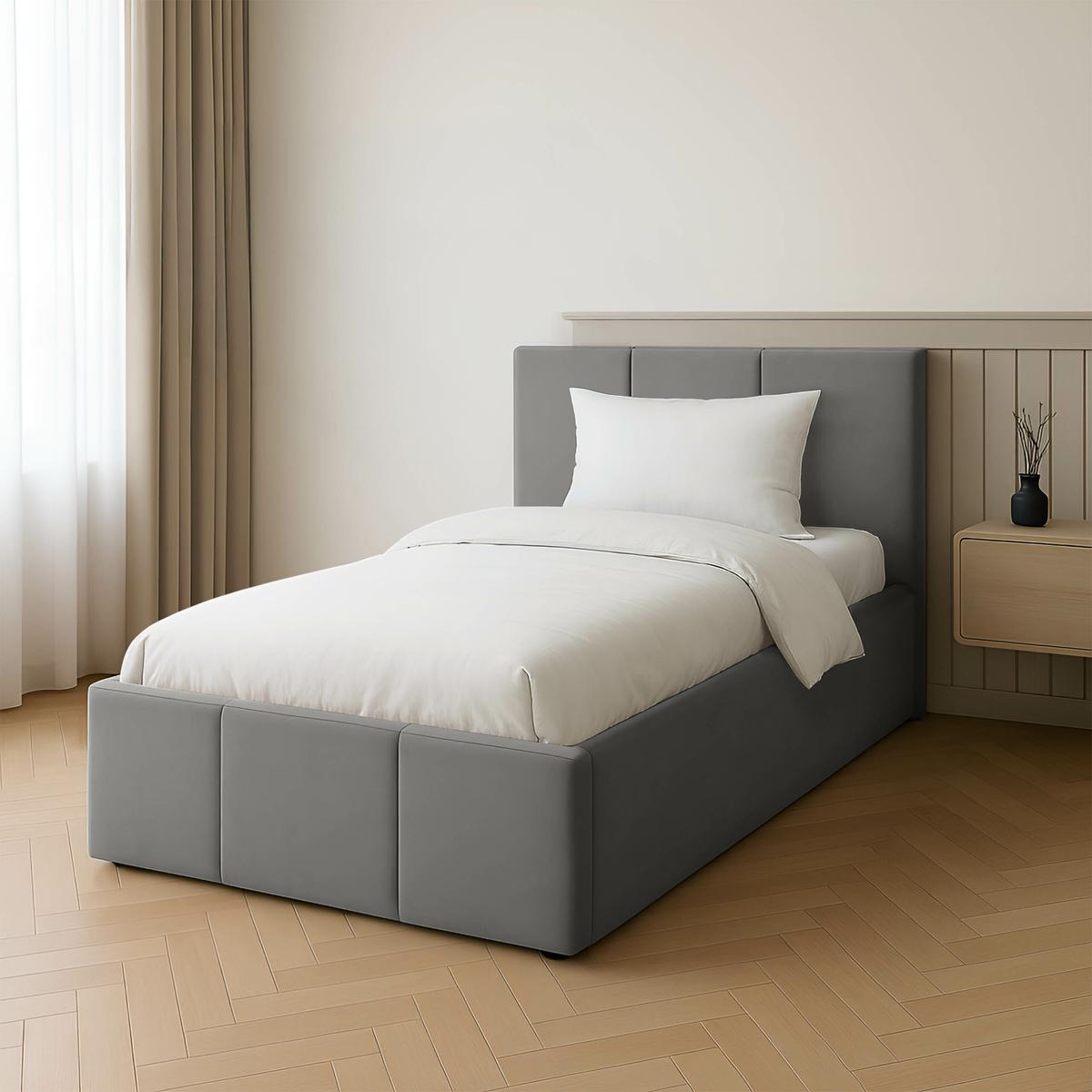 Łóżko Pojedyncze 90x200cm łóżko tapicerowane z pojemnikiem szare do sypialni wezgłowie 110 cm nr. 3
