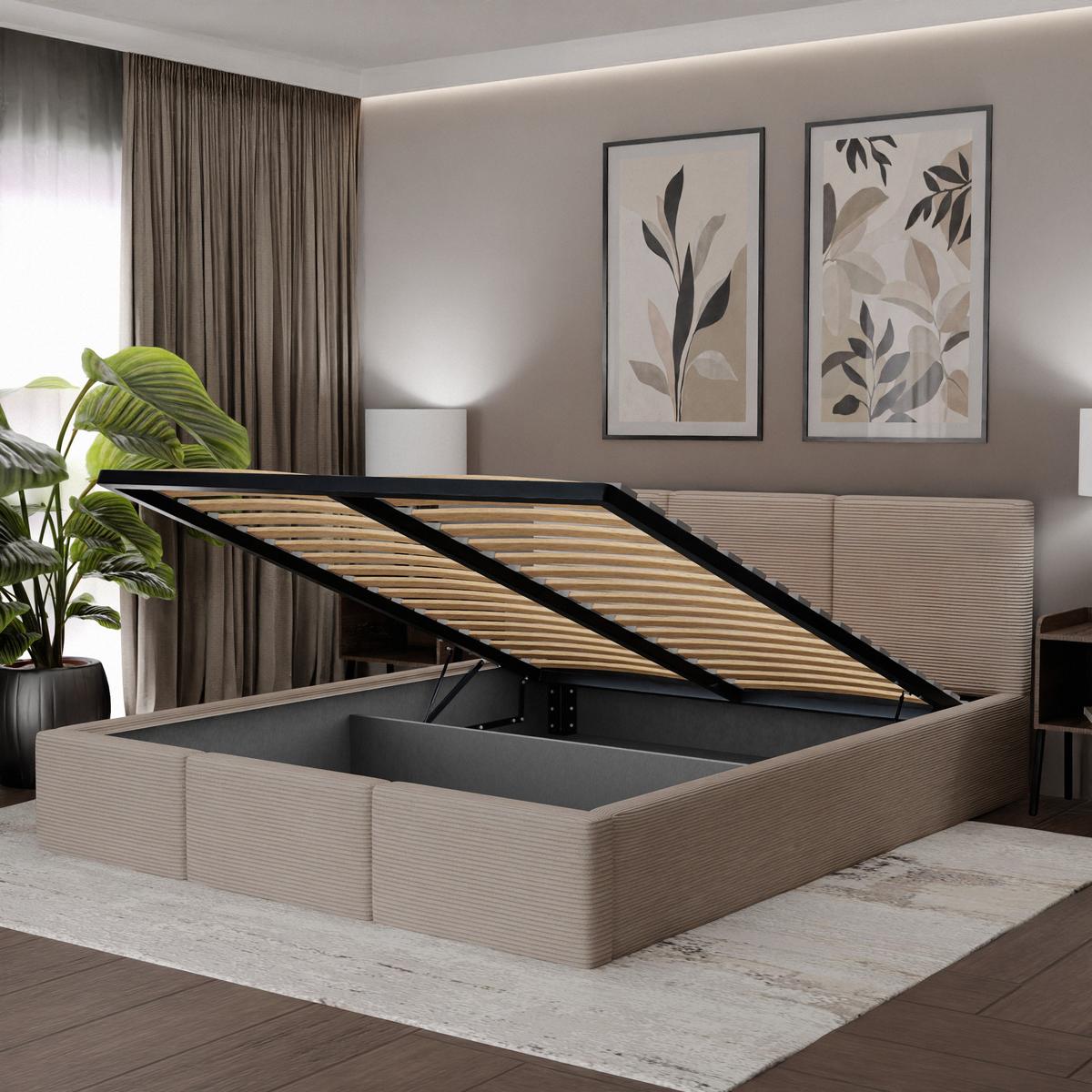 Łóżko Tapicerowane Do Sypialni 160x200 Podwójne z Pojemnikiem Beżowe nr. 4