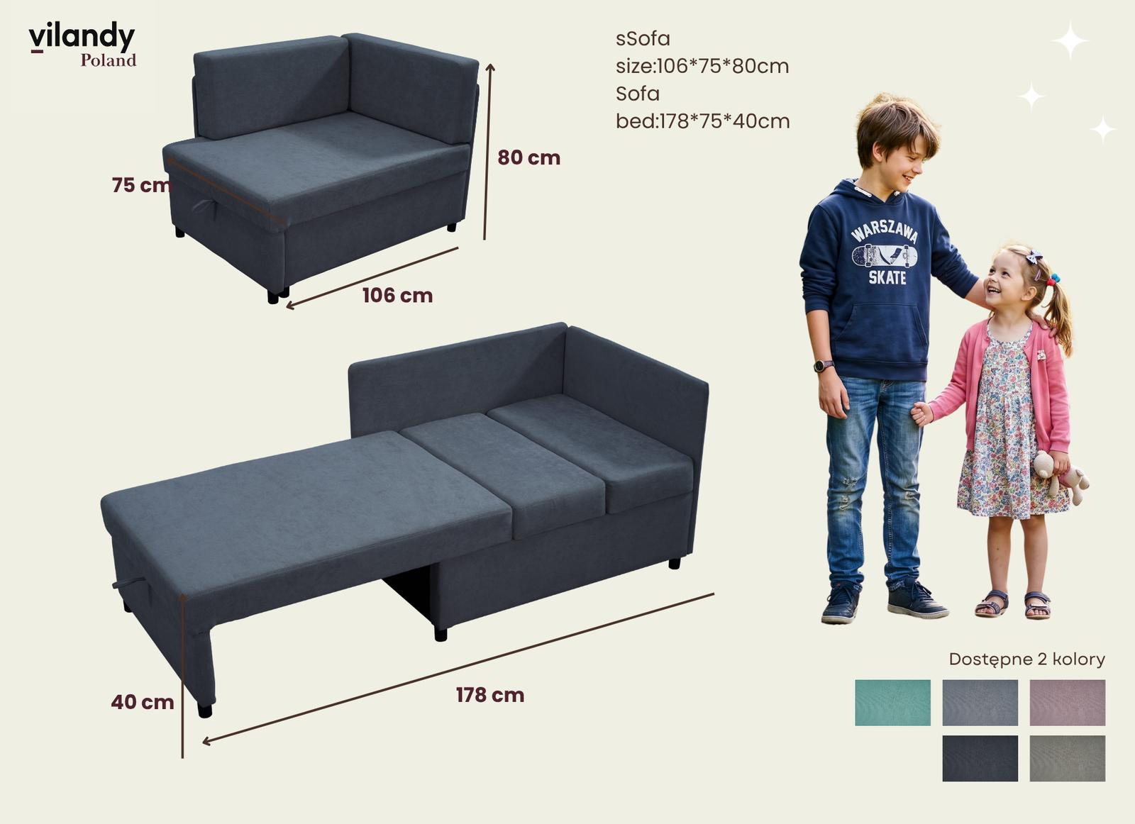 Sofa Viluś 106x75x80 cm grafitowy rozkładana sofa narożna jednoosobowa z funkcją spania i pojemnikiem na pościel nr. 7