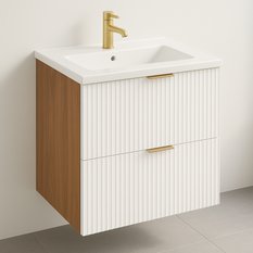 Szafka łazienkowa WILLY 60x46x60 cm z umywalką biała orzech wisząca ryflowane fronty 2 szuflady do łazienki - Miniaturka zdjęcia nr 1