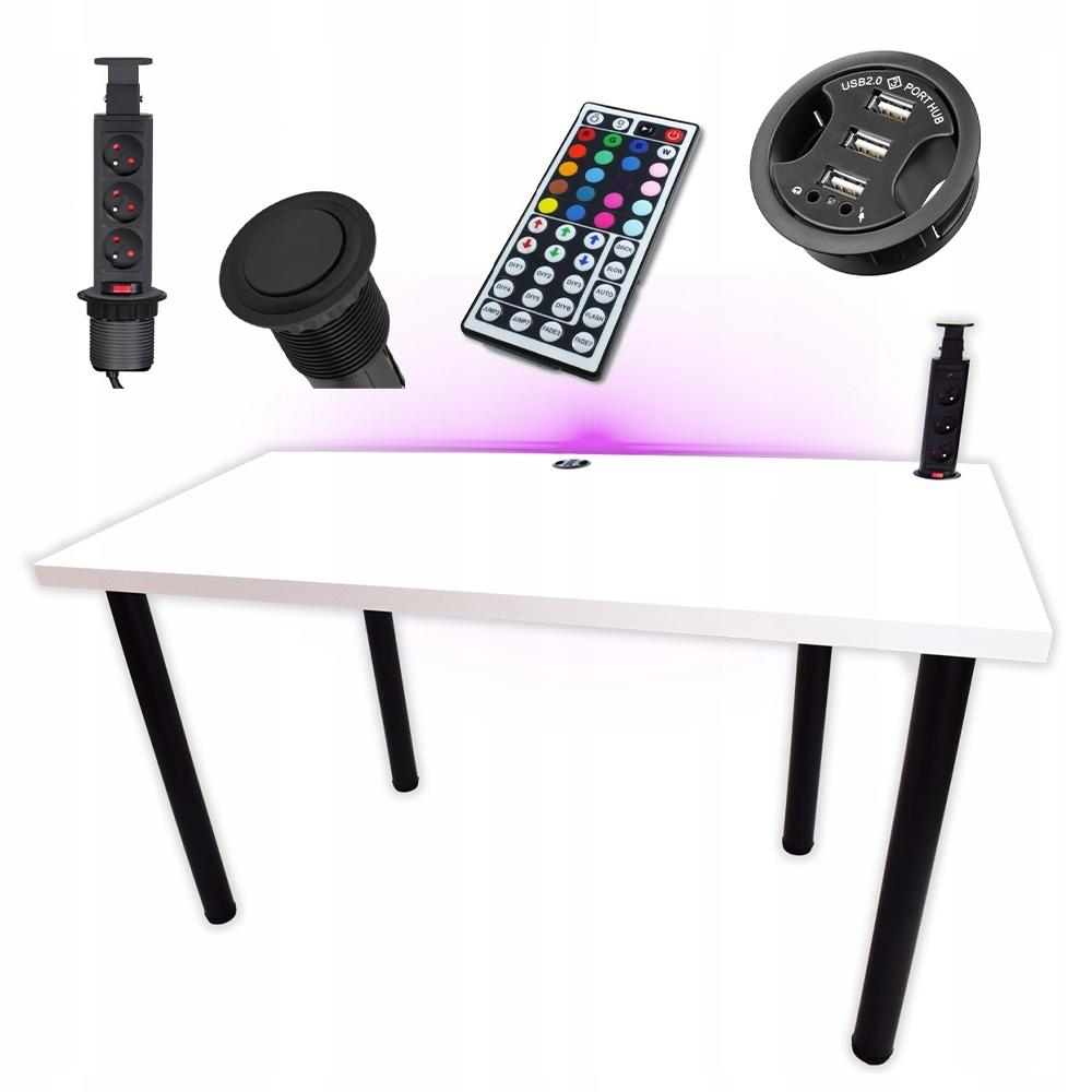 Biurko gamingowe 160x71x80 cm biały LOFT LED RGB pilot przepust HUB USB blat 3,6 cm