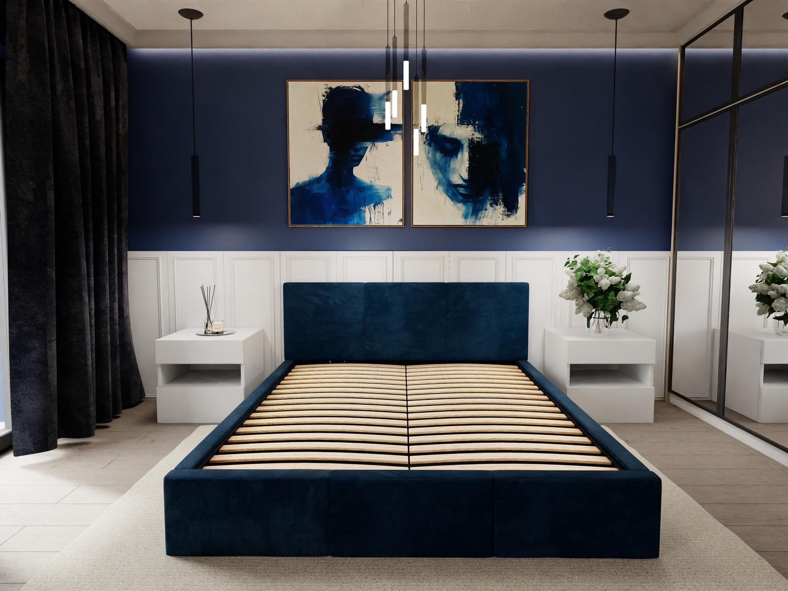 Łóżko tapicerowane do sypialni 180x200x88 cm podwójne z pojemnikiem modne granatowe nr. 3