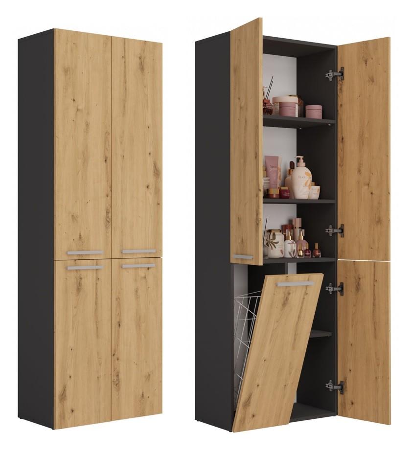 Słupek łazienkowy NEL 1K DD 174x60x30 cm szafka łazienkowa kosz na pranie regał antracyt dąb artisan bestseller