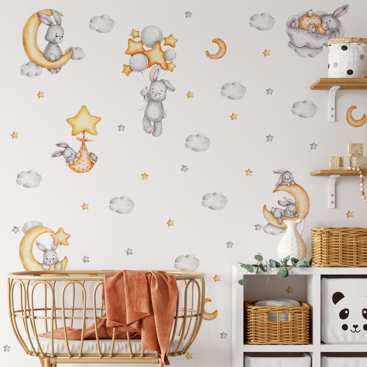 Naklejki Ścienne Dla Dzieci Szare Króliczki 60x30 Księżyce ZESTAW nr. 7