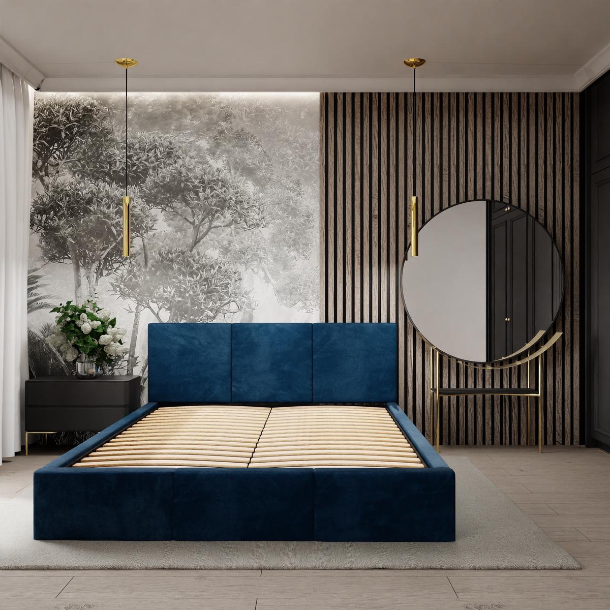Łóżko tapicerowane do sypialni 180x200x100 cm podwójne z pojemnikiem modne granatowe nr. 9