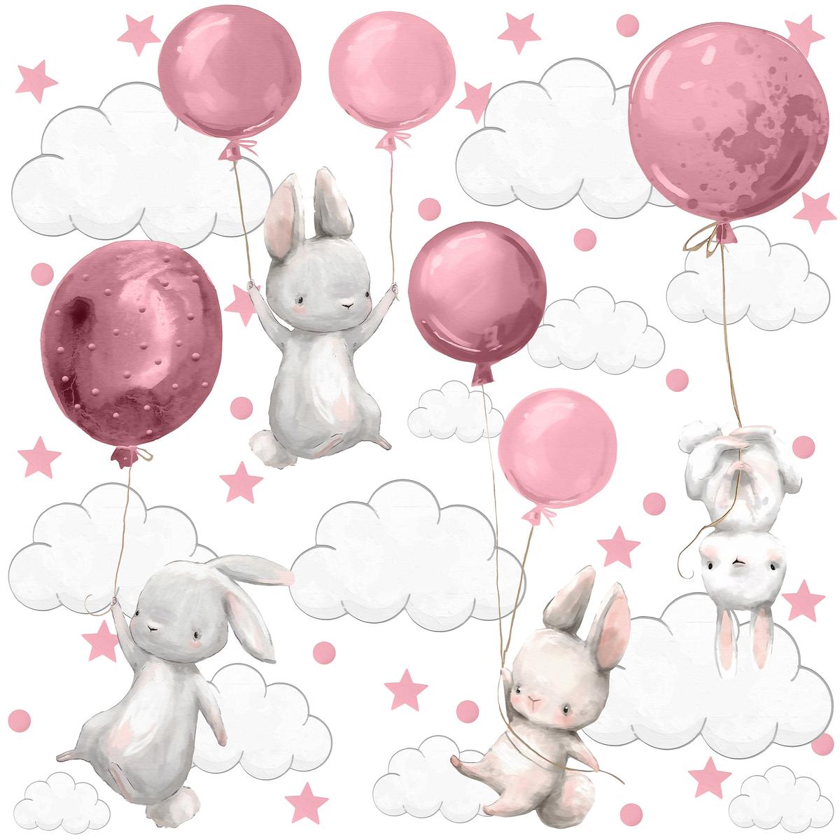 Naklejki Ścienne Dla Dzieci Króliczki Różowe 120x60 Balony Chmurki ZESTAW