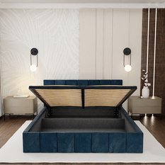 Łóżko tapicerowane 140x200 premium z pojemnikiem do sypialni granatowe wezgłowie 107 cm - Miniaturka zdjęcia nr 7