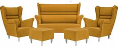 Zestaw wypoczynkowy ZOJA sofa + 2 fotele + 2 podnóżki miodowy żółty do salonu 