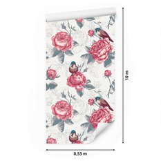 Tapeta Ścienna KWIATY Peonie Róże Ptaki Styl Vintage Rośliny Liście - Miniaturka zdjęcia nr 3