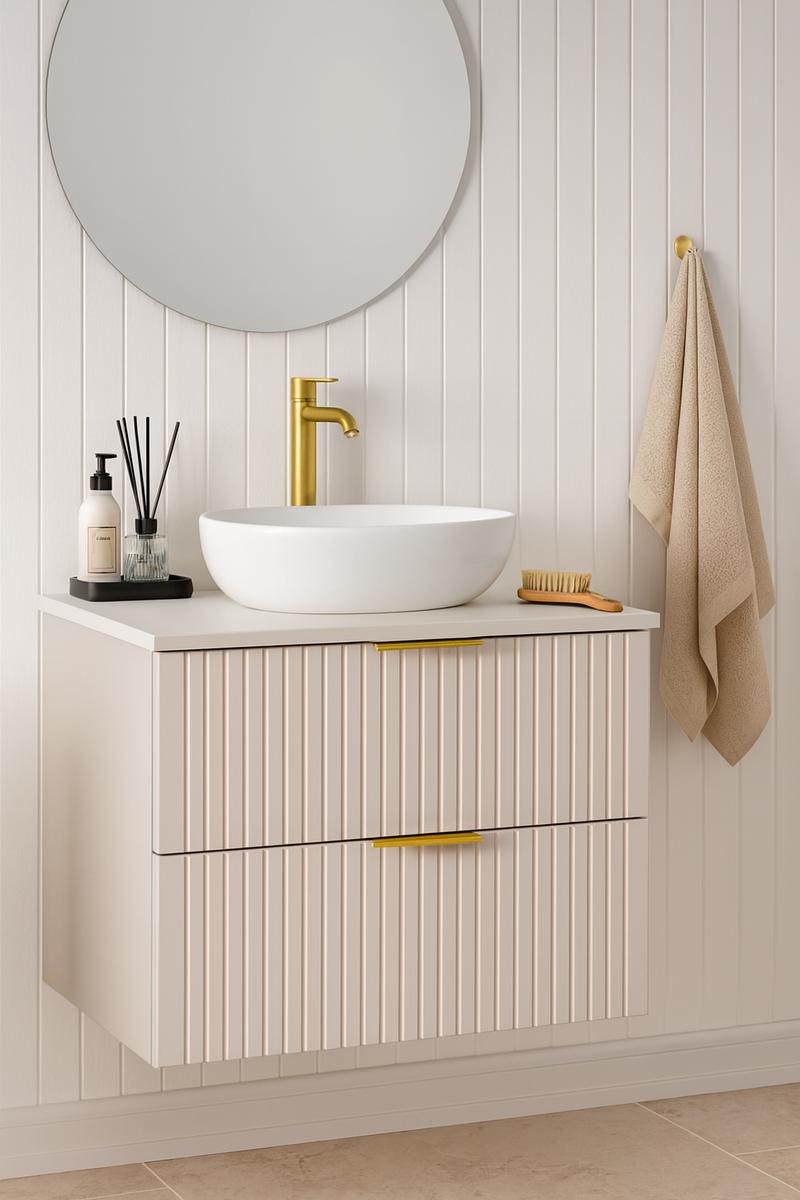 Szafka łazienkowa 60x47x60 cm WILLY z blatem ryflowane fronty kaszmir złote uchwyty
