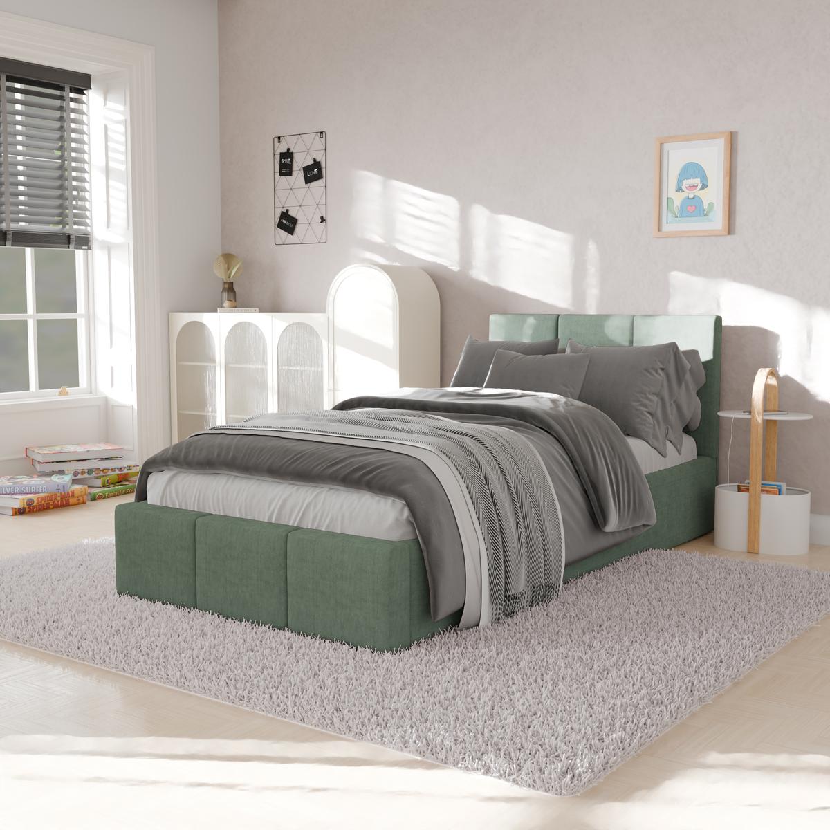 Łóżko Pojedyncze 90x200cm łóżko tapicerowane z pojemnikiem miętowe do sypialni wezgłowie 88 cm nr. 4