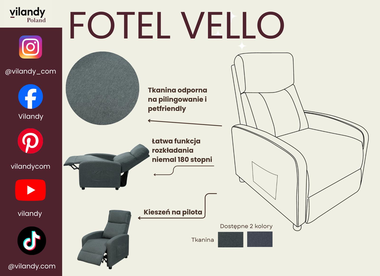 Fotel dla seniora VELLO szary 64x89-156 cm x98 cm rozkładany fotel TV z funkcją spania komfortowy do salonu i pokoju nr. 7