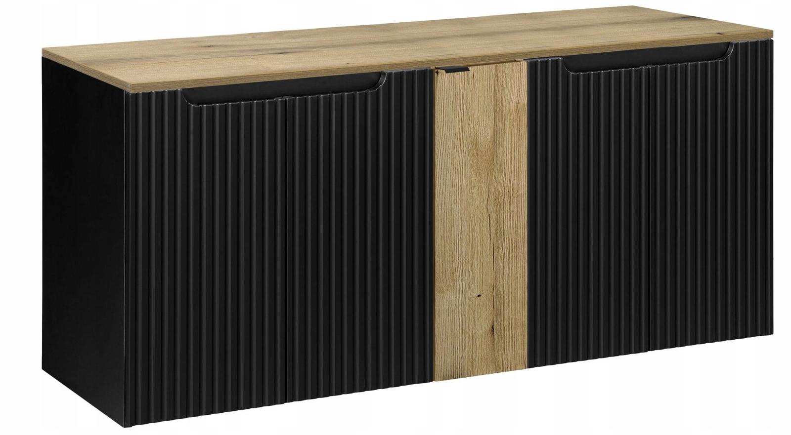 Szafka wisząca pod umywalkę NOVA BLACK 140x59x40 cm z blatem ryflowane fronty drzwi do łazienki dąb/czarna