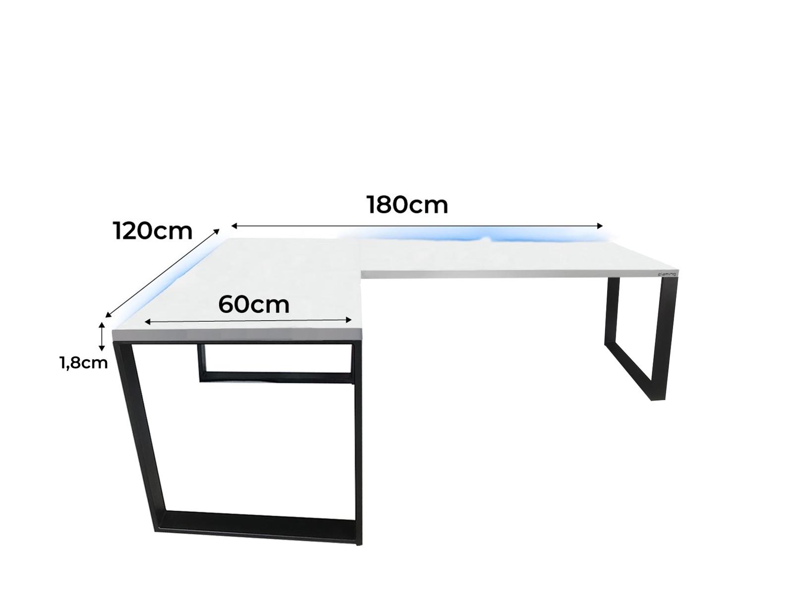 Biurko gamingowe narożne model 1 Low białe LOFT metalowe nogi LED RGB pilot dla gracza 180x71x60cm nr. 3