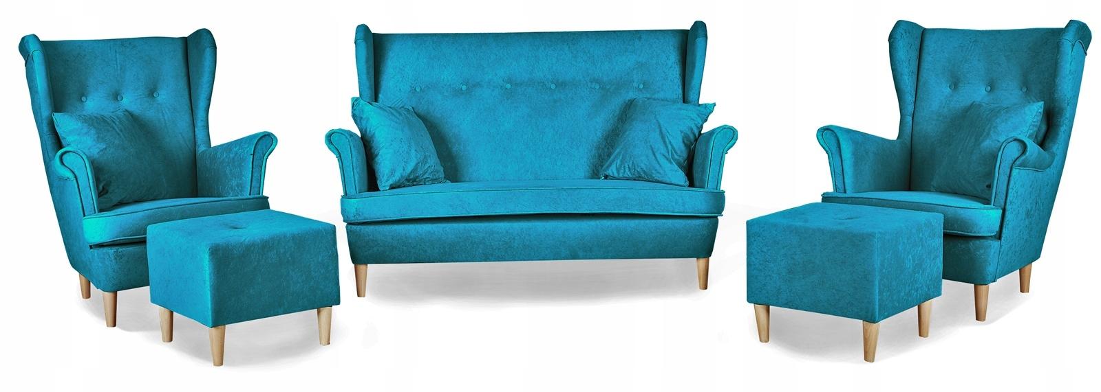 Zestaw wypoczynkowy mebli ARI 149x104x92 cm uszak sofa fotele pufy do salonu Mirofaza turkusowy