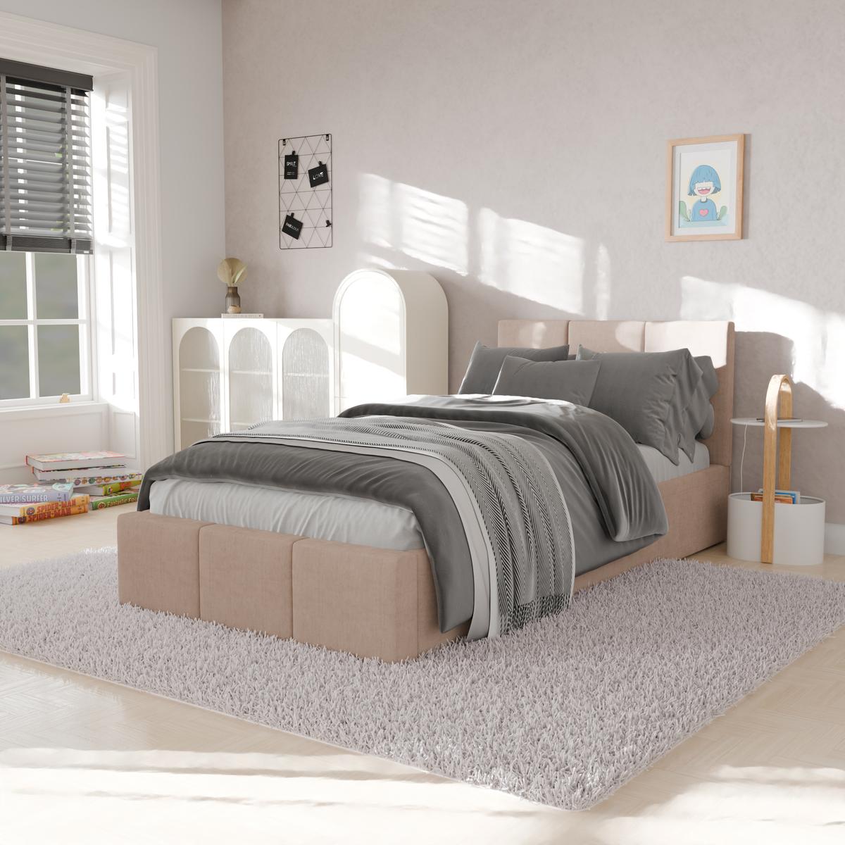 Łóżko Pojedyncze 90x200cm łóżko tapicerowane z pojemnikiem kremowe do sypialni wezgłowie 110 cm nr. 4